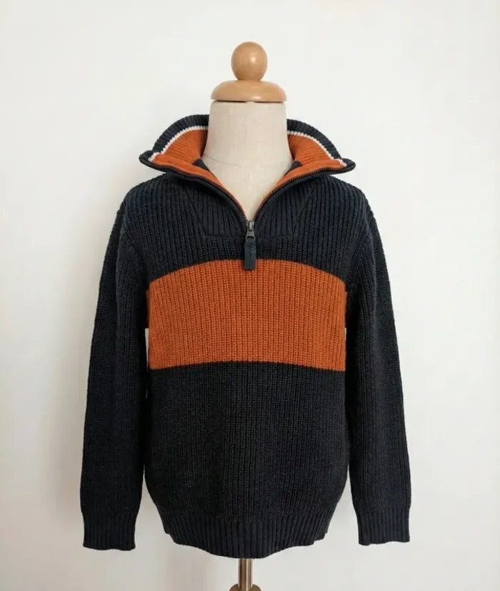 Pull Col Camionneur Zippé Gris et Orange Orchestra - Taille 6 Ans (116 cm)