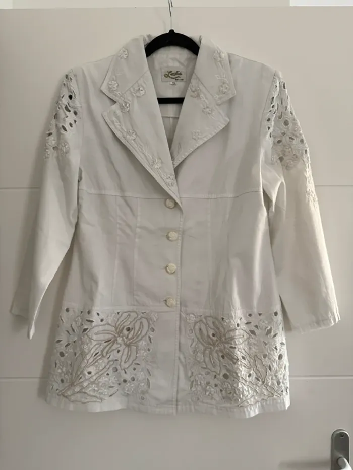 Veste blazer dentelle broderie vestido stretch denim manches vest manteau blouson Giacca jacket - photo numéro 3