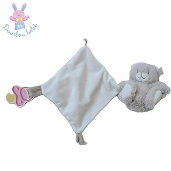 Doudou Ours beige clair et blanc mouchoir attache tétine TEX