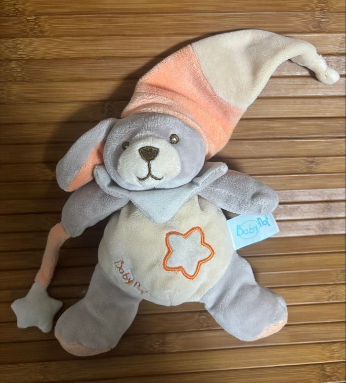 Doudou chien bonnet gris orange écru étoile baby nat - photo numéro 2