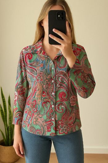 Chemise imprimé paisley multicolore tons turquoise, rouge et rose taille M