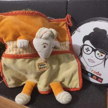 Doudou et compagnie souris Milie orange vert blanc rayé rayure Ancien Vintage