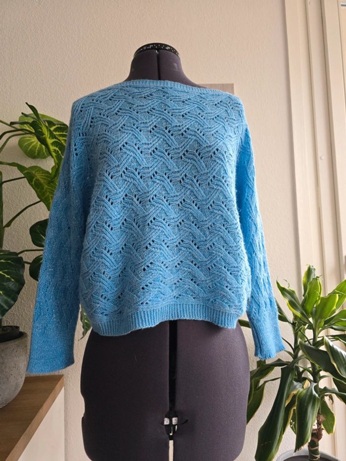 Pull bleu en maille ajouré avec pailletes - Amélie & Amélie - Taille S/M - 36/38