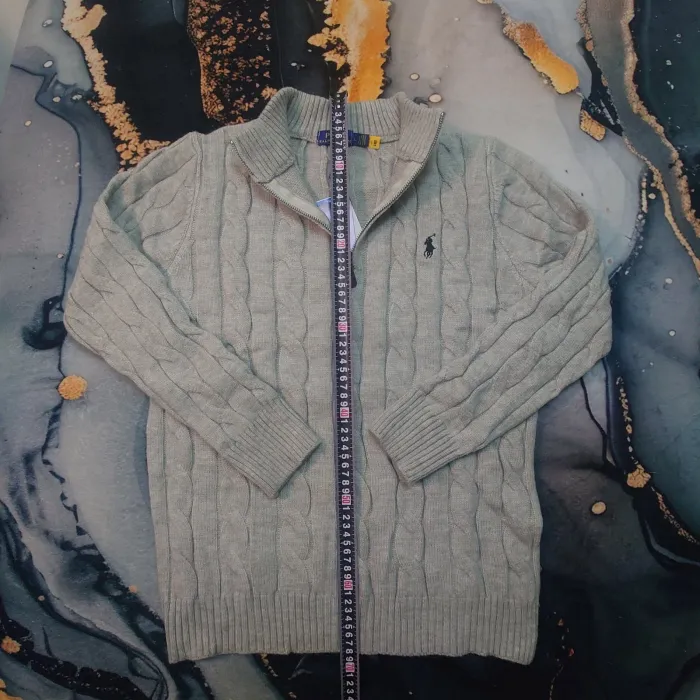 Pull torsadé Half Zip Ralph Lauren - Taille L - Gris logo brodé noir - Neuf - photo numéro 5