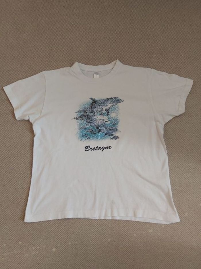 Tee-shirt manches courtes basic blanc avec déco dauphins + Bretagne, mixte 12 ans - Sol's