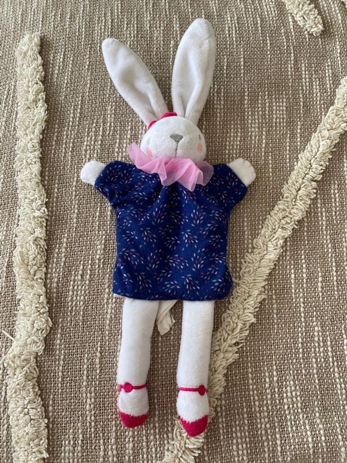 Peluche doudou marionnette plat sergent major lapin blanc bleu et rose parfait état
