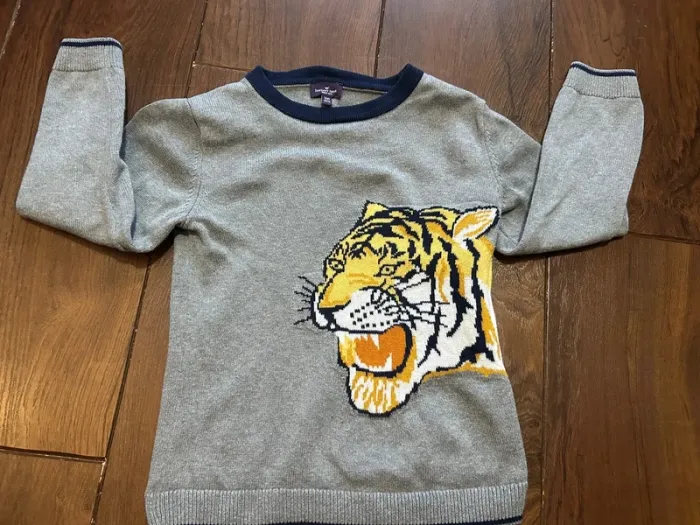 Pull garçon gris chiné en coton garçon motif tête de tigre Sergent major 5ans