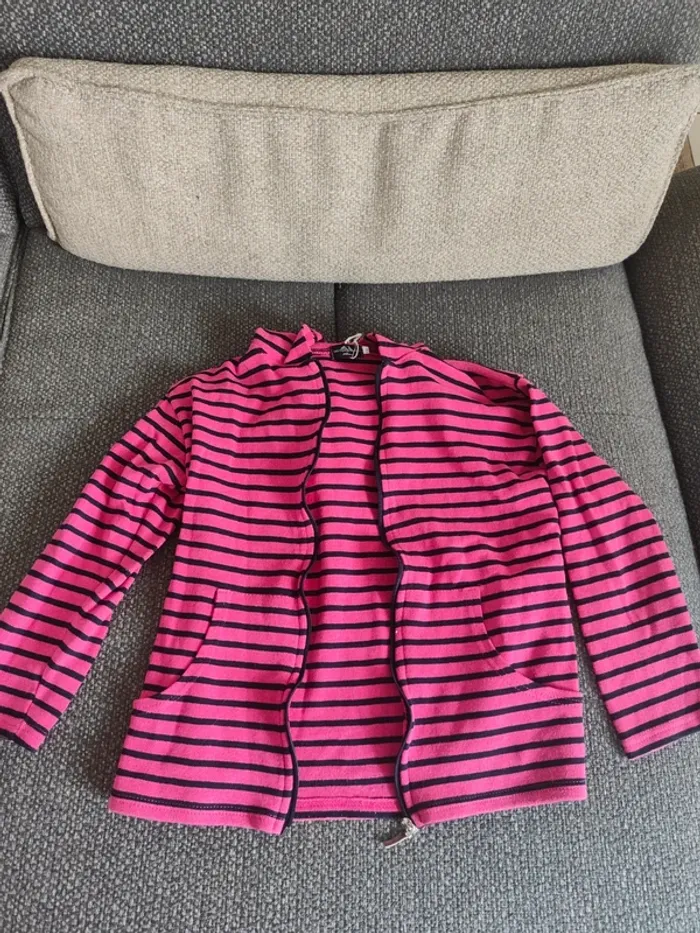 Sweat gilet zippé à capuche rayures rose Les trois dauphins - photo numéro 2
