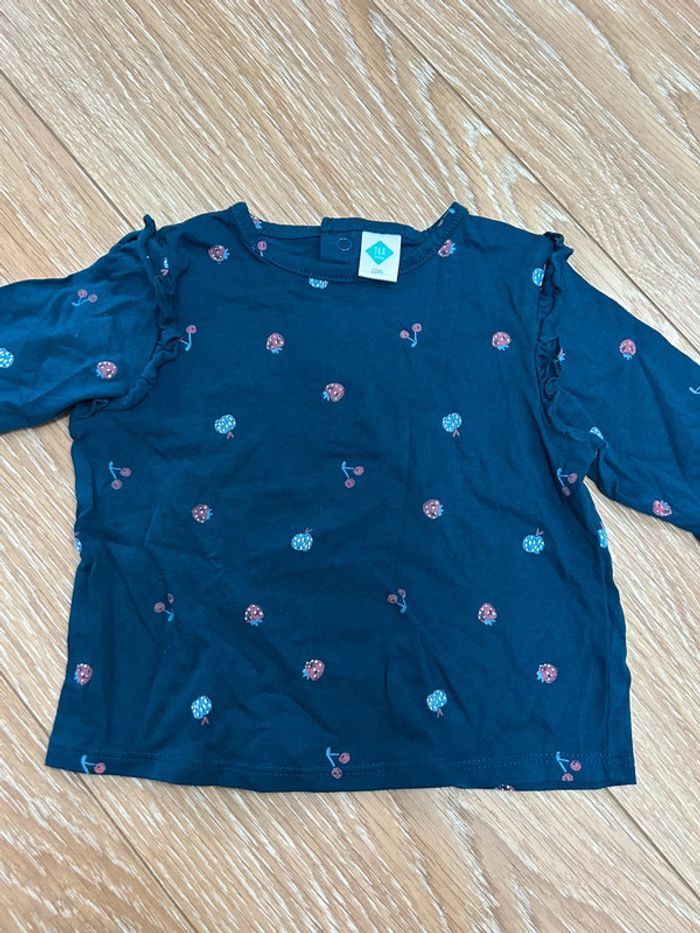 Lot de 2 t-shirt haut en coton - 1 Disney Minnie 12 mois bleu marine à pois - tex avec fruits - photo numéro 5
