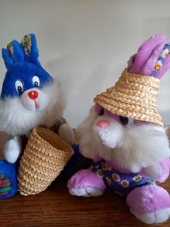 Couple lapin peluche jardiniers