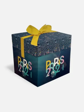 Boîte cadeau Paris JO 2024 pop-up multicolore ruban jaune 24 x 24 x 24 cm Neuf