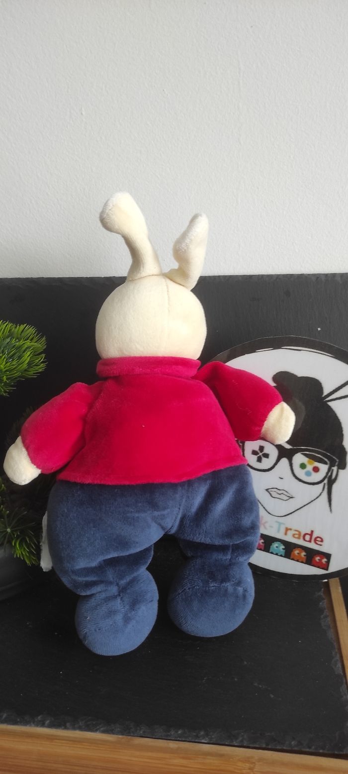 Peluche Lapin Ancien Beige Rouge Bleu Marine Doudou Vintage Bouton Marron - photo numéro 2