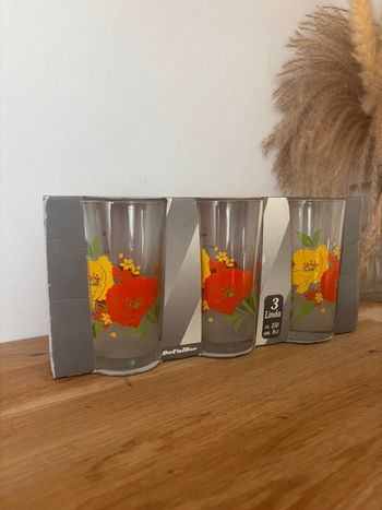Vintage ensemble de 3 verres orange fleuri rétro Devalbor linda neufs