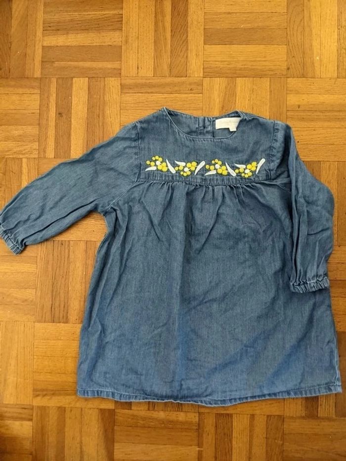 Robe souple couleur jean brodée Cadet Rousselle 12 mois manches longues - photo numéro 2