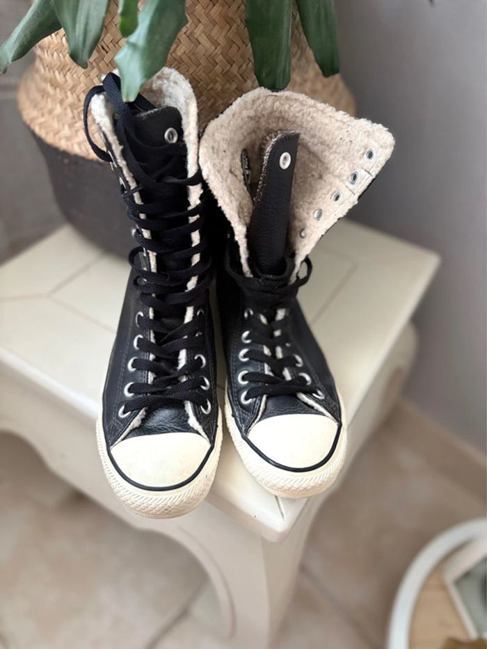 Converses montantes - fourré à l’intérieur/100% cuir extérieur - noir/creme - pointure 37 - photo numéro 4