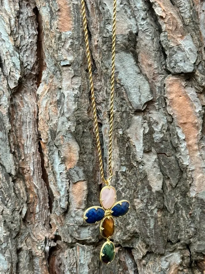 Long sautoir habaha Paris chaînes  réglables croix xl pierres naturelles - photo numéro 6