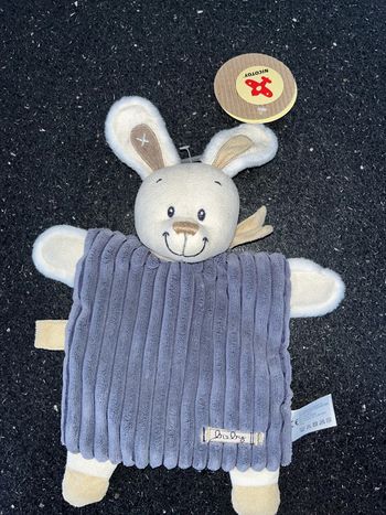 Doudou, semi, plat, tête, peluche, velours blanc, corps côtelé bleu