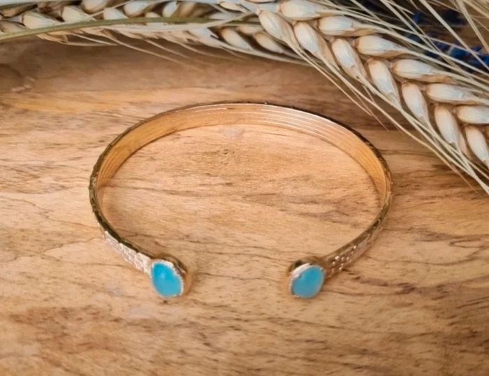 Bracelet Jonc plaqué or et agate bleue lithothérapie - photo numéro 5