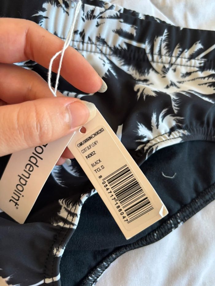 Bas de maillot de bain noir motif feuillage blanc Goldenpoint lacets taille S/36 neuf avec étiquette - photo numéro 3