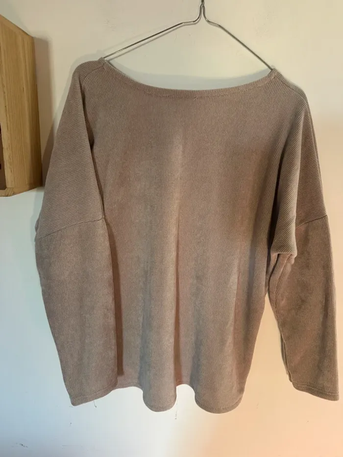 Pull Femme beige côtelé over size taille L - photo numéro 4