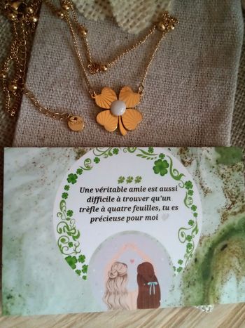 Collier trèfle en acier et pierre de lune + carte