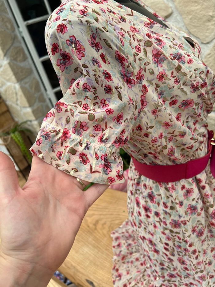 Robe d'été fleurs beige rose rose beige Emma Ella volanté - photo numéro 6