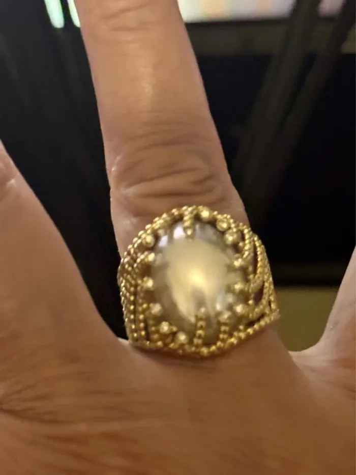 Bague réglable acier inoxydable or travaille pierre nacrée cristaux blancs habaha Paris - photo numéro 7