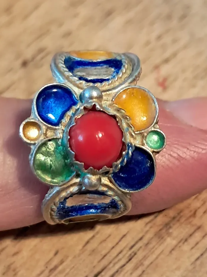 Belle bague kabyle en argent émail et corail - photo numéro 2