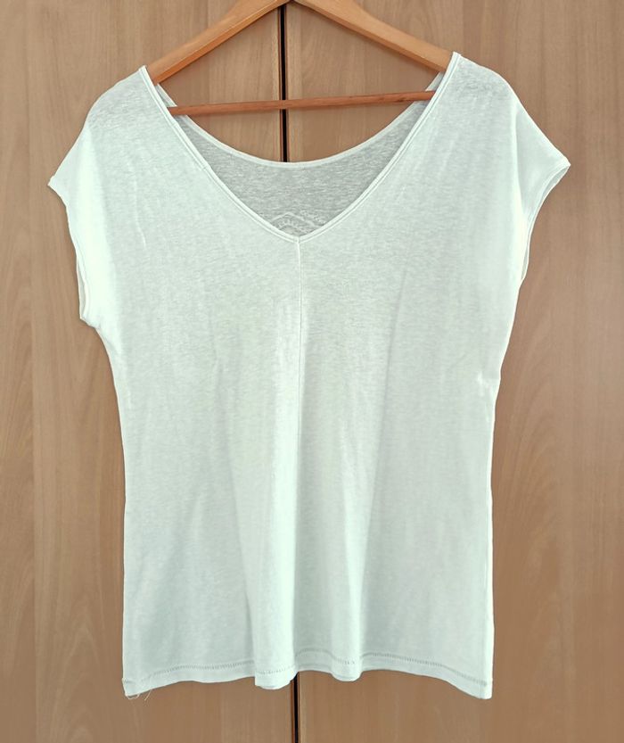 T shirt creme et beige imprime geometrique. Dos decolette. Camaieu. Taille 38 - photo numéro 5