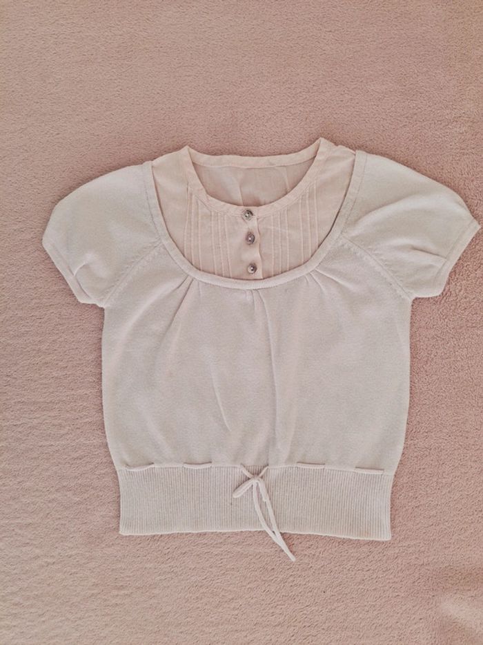 Pull manches courtes Cyrillus 3 ans rose clair effet chemisier