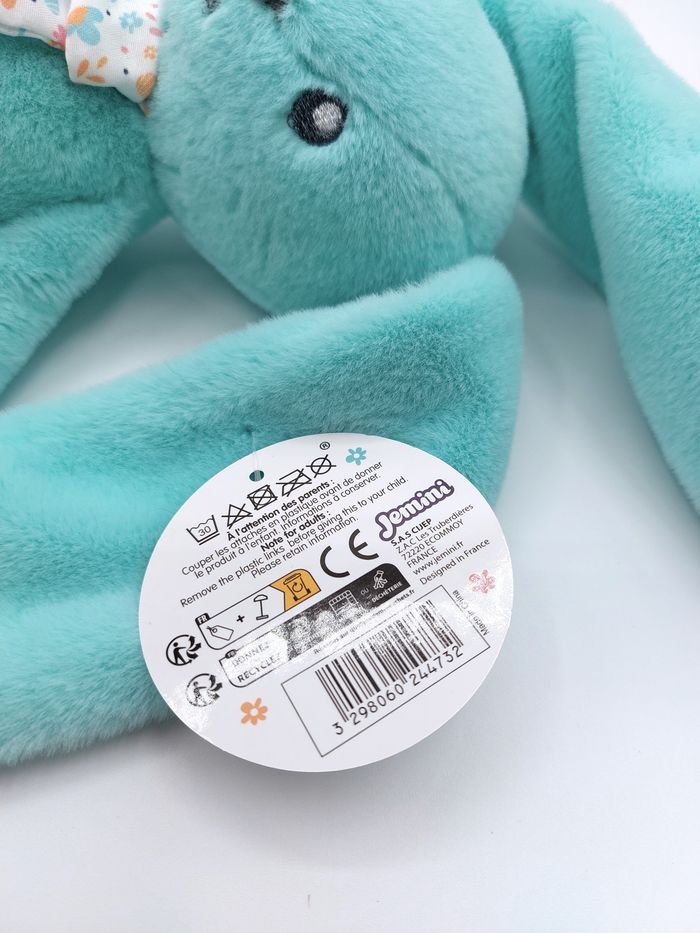 Peluche doudou lapin vert menthe créateur JEMINI cravate fleurs blanc 25 cm neuf - photo numéro 5