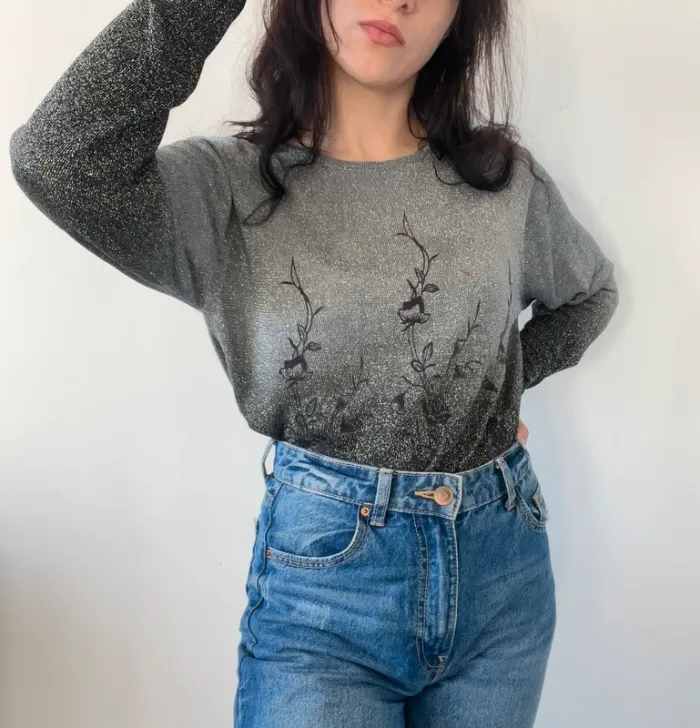 Pull vintage années 80 dégradé à paillettes motifs fleurs taille M - photo numéro 5