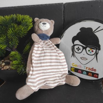 Doudou plat Ours Marmotte rayé rayure marron blanc foulard bleu H&M  #geektradedoudou