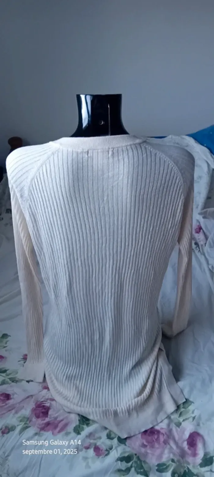 Pull tunique long léger col V manches longues maille côtelée crème femme L la redoute - photo numéro 7