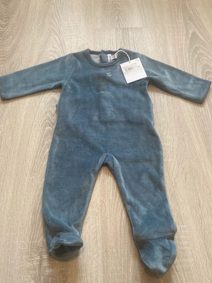 1 pyjama grenouillère velours bleu gris 3 mois neuf