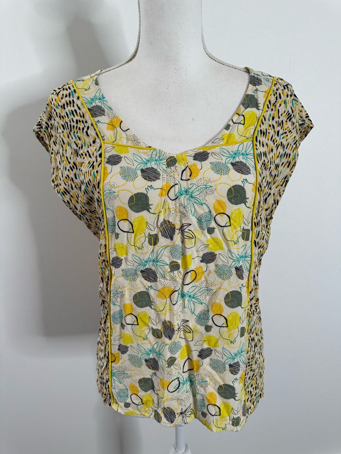 Blouse bariolée jaune et beige crème imprimés citrons agrumes T36 S