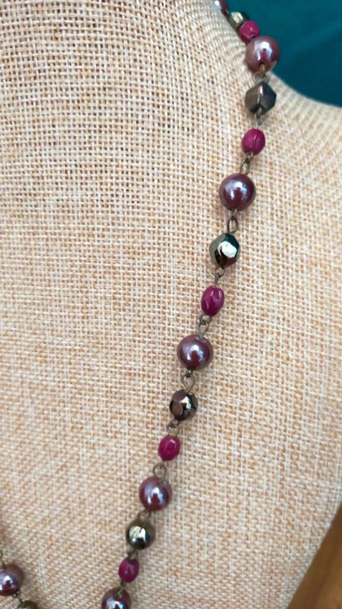 Collier vintage à pampille bronze – Perles prune & métalliques – Style bohème chic - photo numéro 6