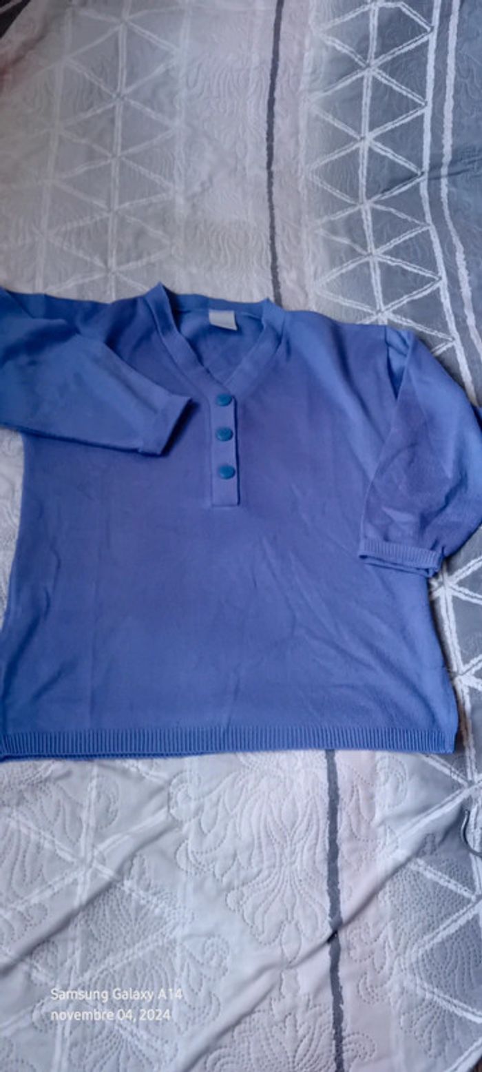 Pull col en V faux boutonnage manches 3/4 lavande 42 classic woman