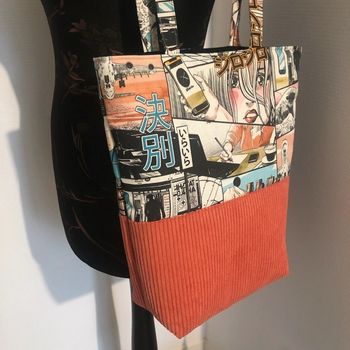 Sac tote bag manga velours côtelé corail 