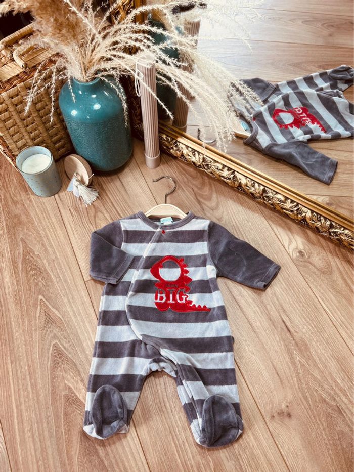 Taille 1 mois pyjama velours garçon Obaibi gris et rouge * Dino * 💙
