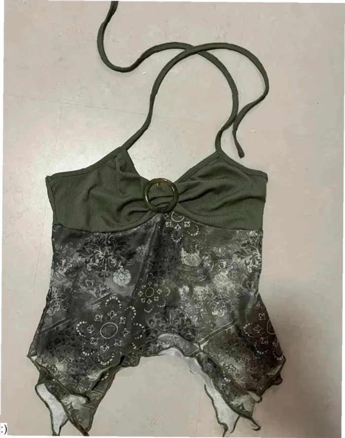 Top Femme Vert Army Bandana Asymétrique Y2K - Taille S Très Bon État - photo numéro 2
