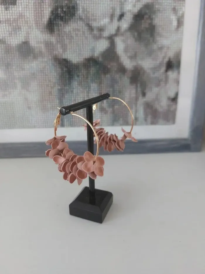 Boucles d'oreilles créoles tissu fleurs roses - photo numéro 2