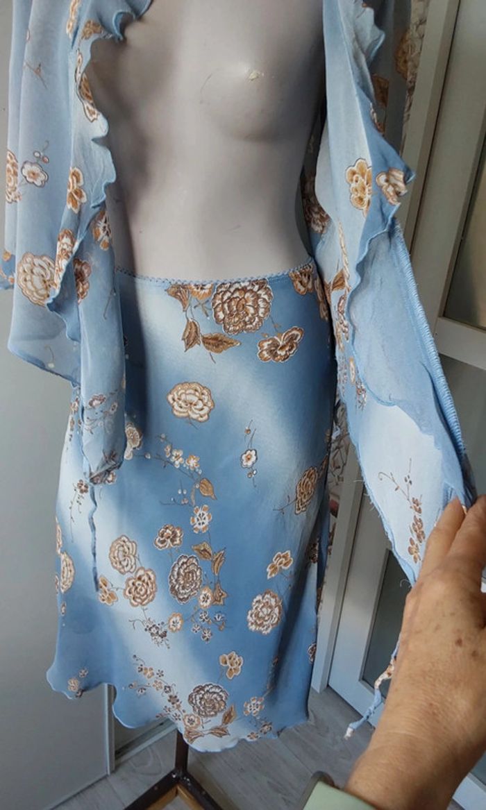 Superbe ensemble fluide Vintage bleu fleuri marron jupe et veste boléro T40 - photo numéro 10