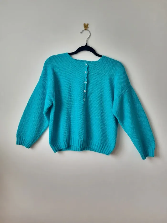 Pull turquoise tricoté vintage - photo numéro 14