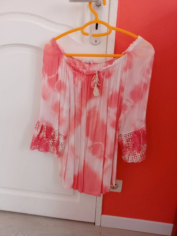 Blouse corail et blanc taille unique