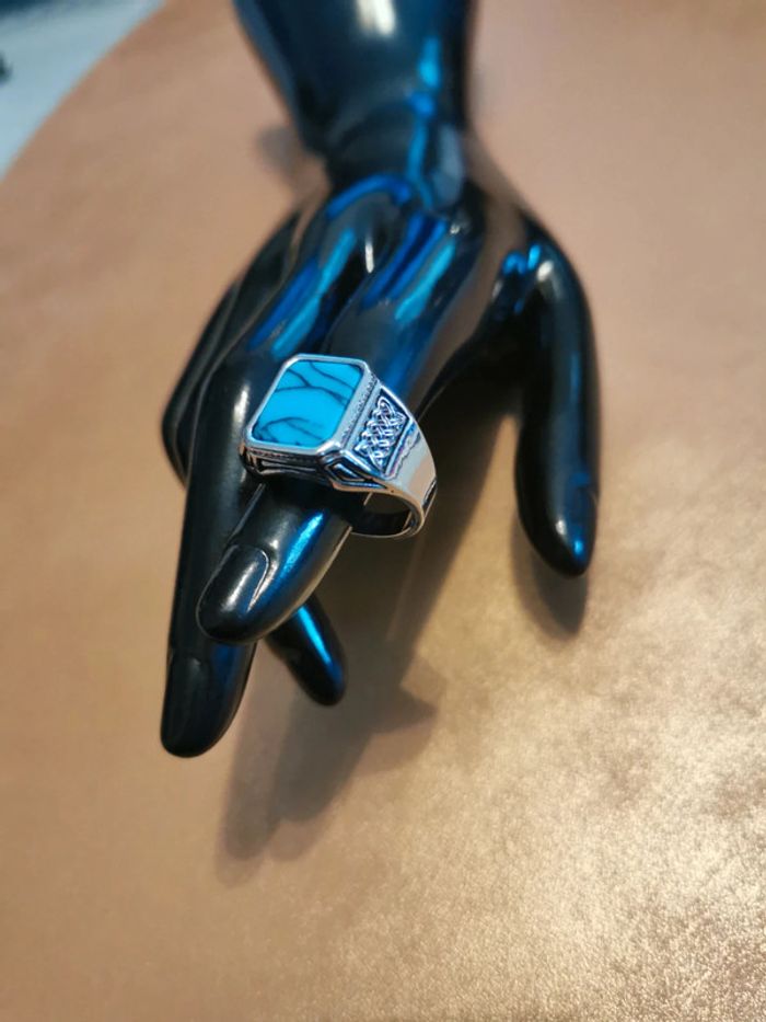 Chevalière homme acier et pierre bleue turquoise T10 - photo numéro 2
