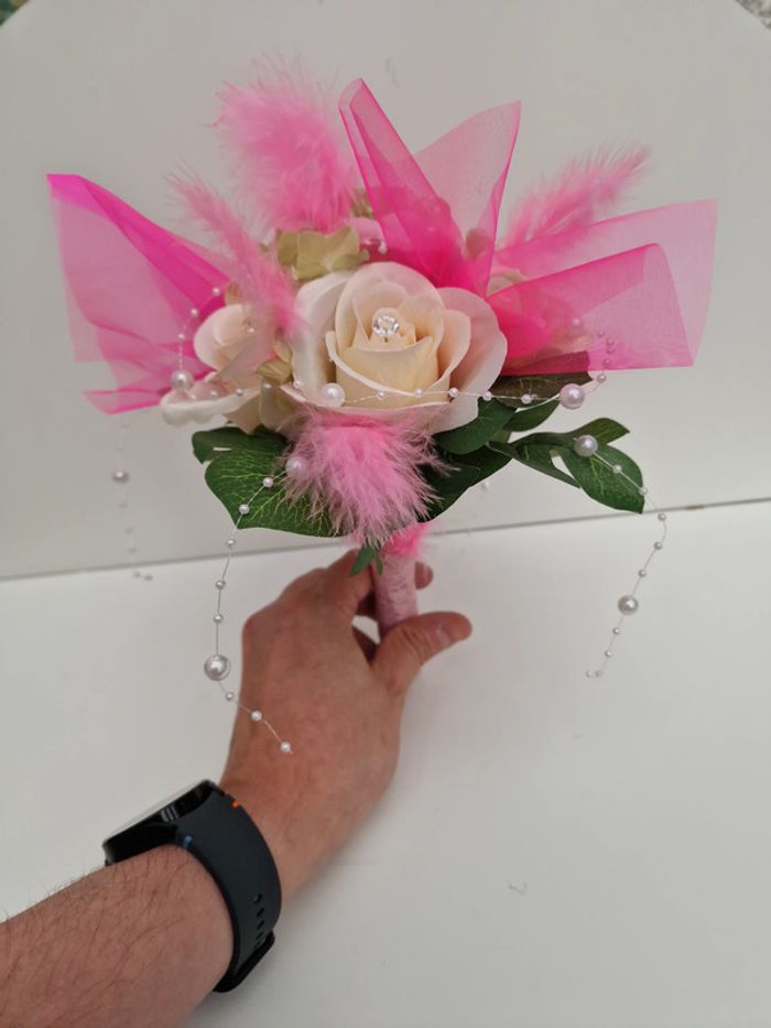 Bouquet De Mariée Roses Tulle Perles Plumes Dentelle - photo numéro 20