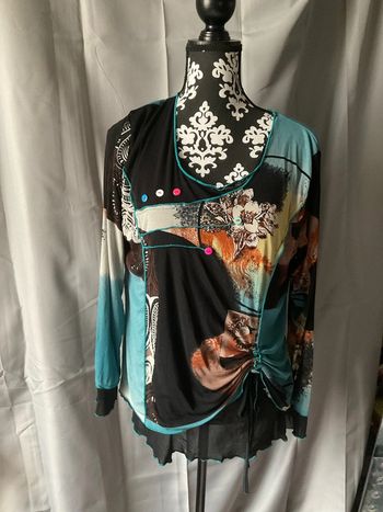 Blouse brune/turquoise/blanc en voile taille L (n°36)