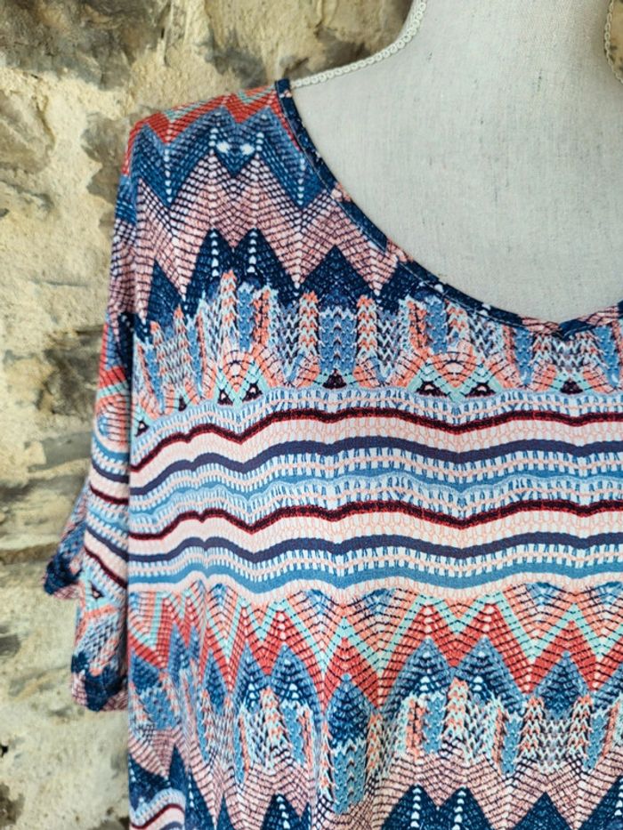 T-shirt blouse manches courtes à motifs bleu blanc corail Blancheporte Taille 54/56 - photo numéro 3