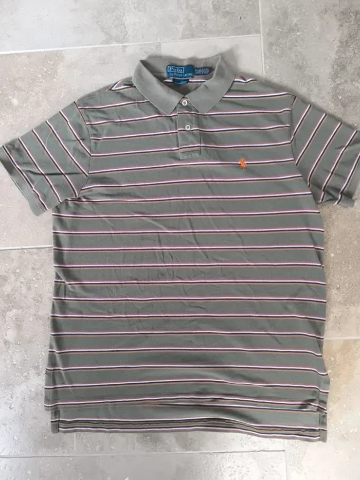 Polo Ralph Lauren homme L marron clair rayures colorées logo orange bon état général - photo numéro 2